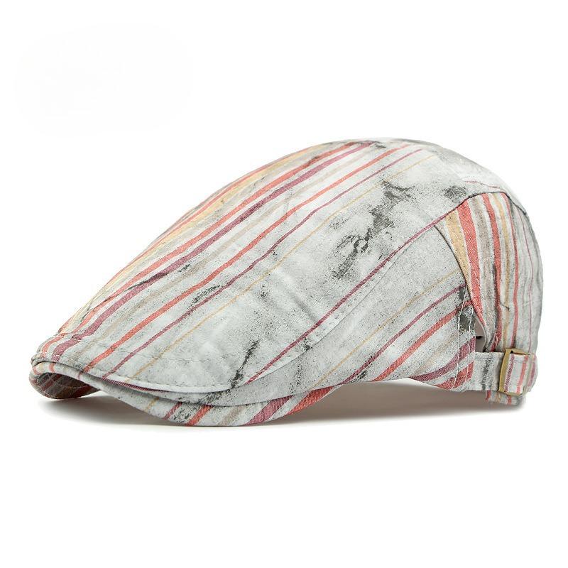 2025 New Distressed Striped Flat Cap for Men Women Individual Graffiti Ink Mark Beret British Retro Newsboy Hat Breathable Summer Cabbie Hat