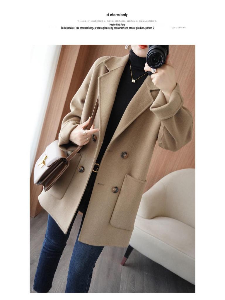 Luksusowy damski dwustronny wełniany płaszcz średniej długości z chenille - Duży rozmiar