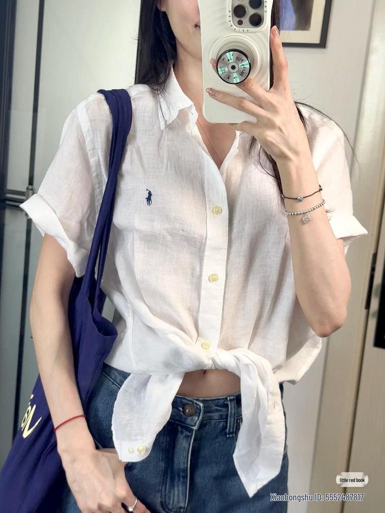 2025 Sommer Ralph RL Little Pony Besticktes Reines Leinen Göttinnen-Kurzarmhemd