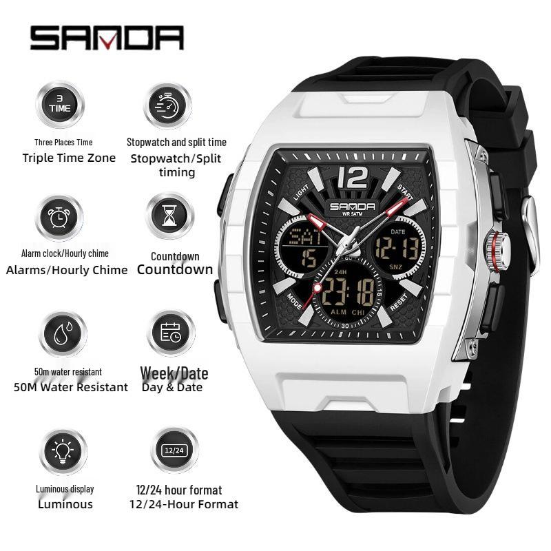 Sanda Men's Sports Barrel-Shaped Luminous Countdown Watch with Triple Time Zone and Dual Display, Waterproof Design.
