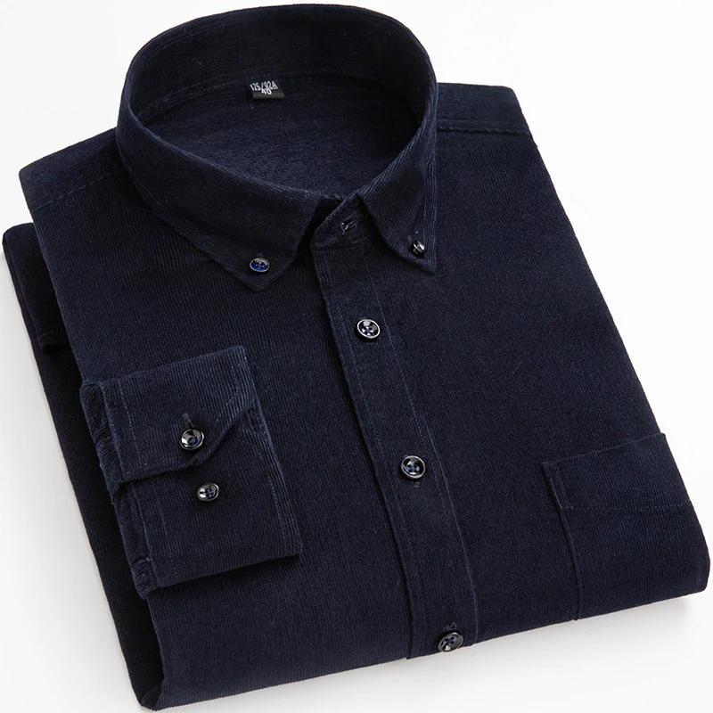 Cotton Corduroy Casual Warm Solid Shirt Long Sleeve Winter Regular Fit Mens Men's Shirts with Pokets