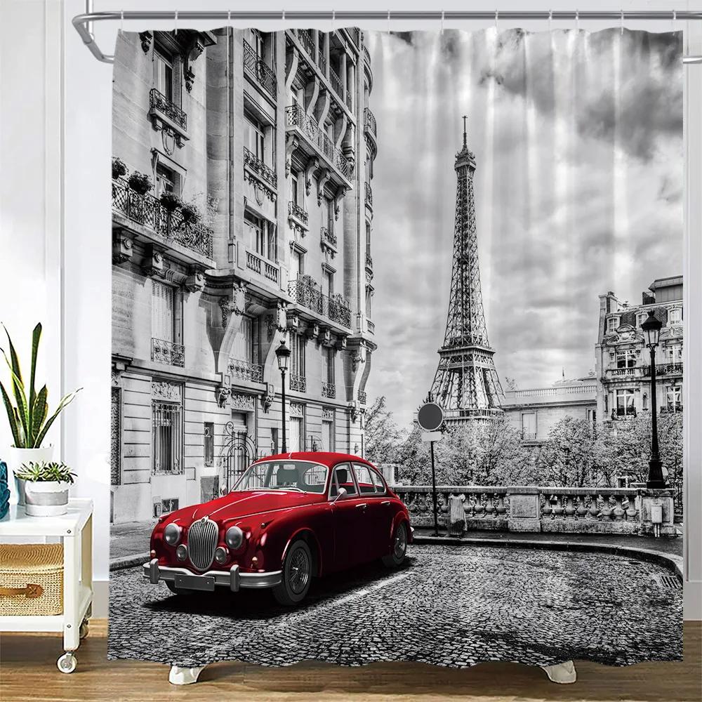 Vintage Paris City Scenery Shower Curtain  Tower Pink Rose Flower Painting Spring Bathroom Decor Waterproof Screen With Hooks