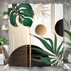 Emerald Green Black Abstract Shower Curtain, Modern Geometric Monstera Plant Leaves Mid Century Decor