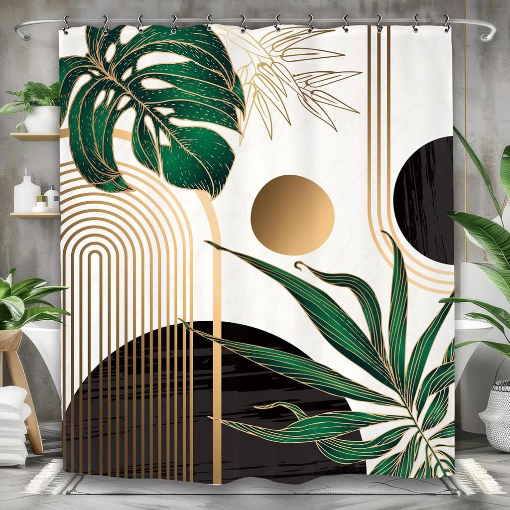 Emerald Green Black Abstract Shower Curtain, Modern Geometric Monstera Plant Leaves Mid Century Decor