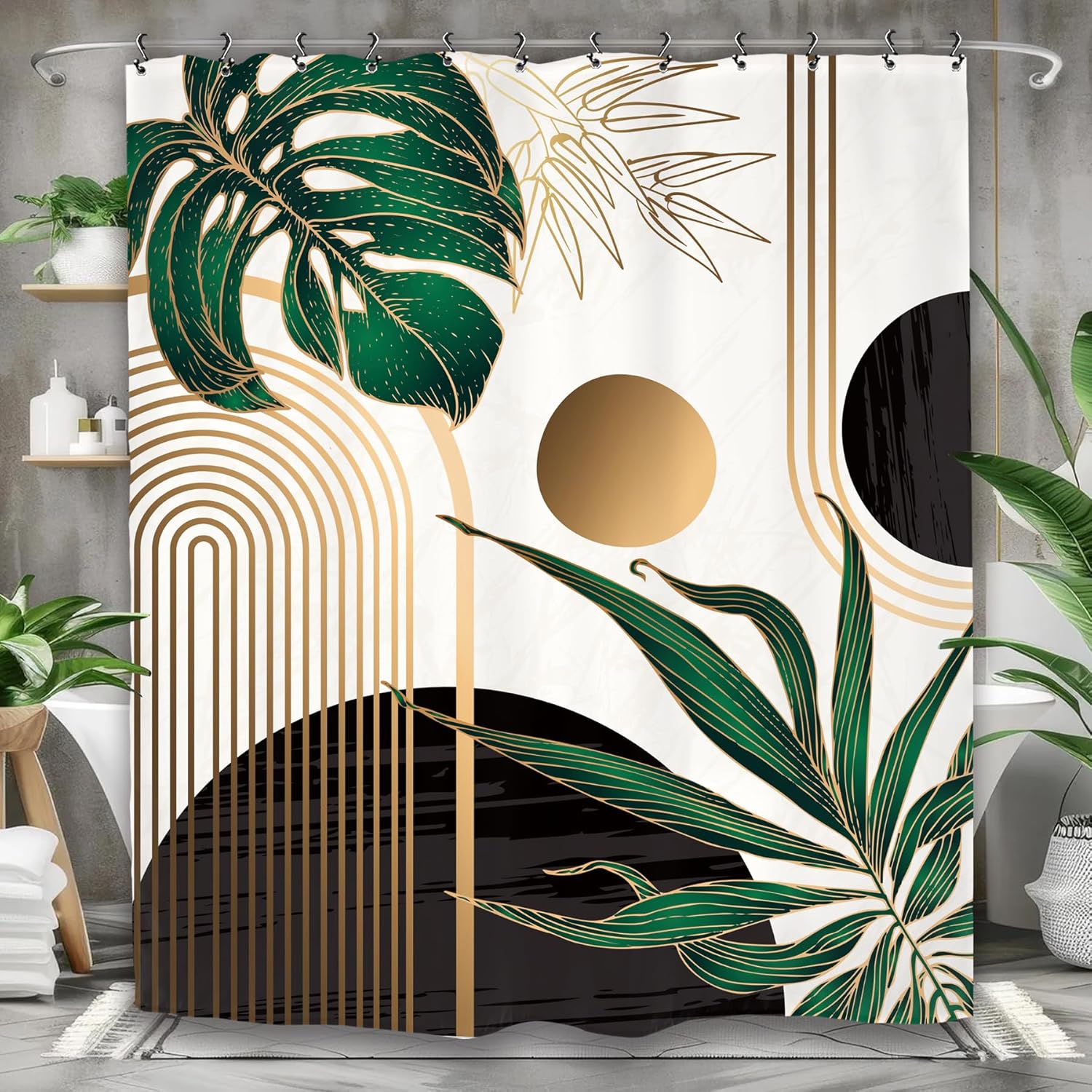 Emerald Green Black Abstract Shower Curtain, Modern Geometric Monstera Plant Leaves Mid Century Decor 90x180CM