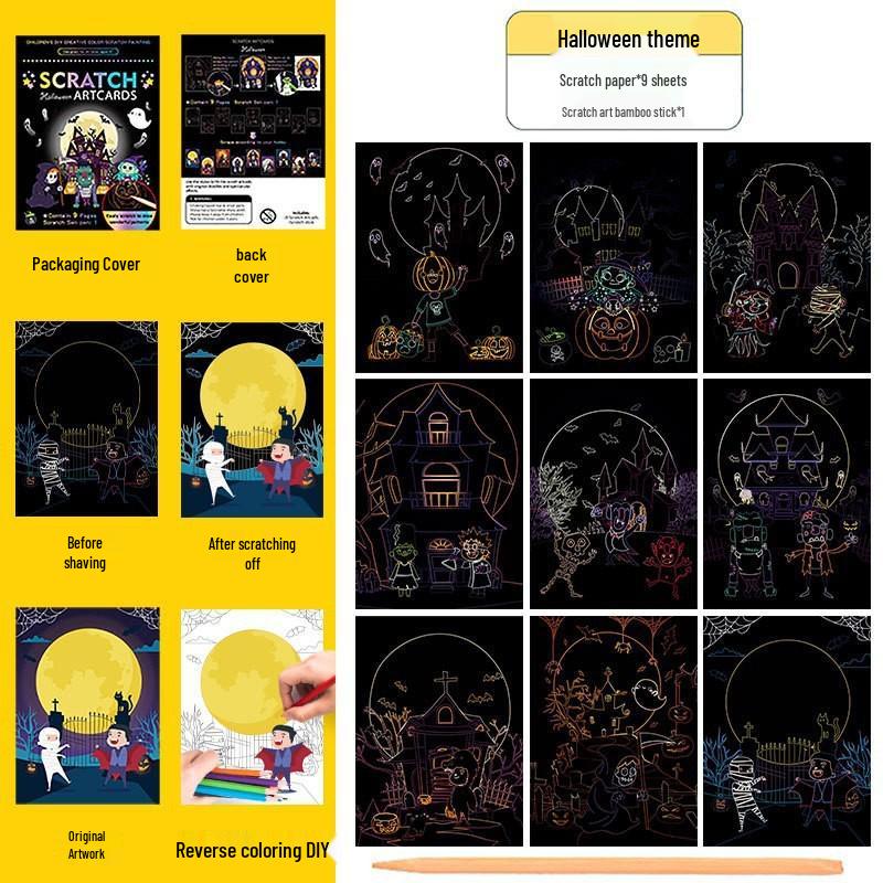 Conjunto Colorido de Arte Scratch: Livro de Rabiscos e Desenhos DIY de Desenho Animado para Crianças