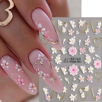 5D French Nail Stickers - Floral & Geometric Love Decor, Golden Frame, Cherry Blossom Design, Self-Adhesive Acrylic Embossed Sliders for Manicure