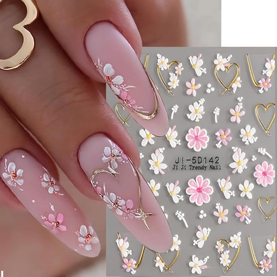 

5D Французские наклейки для ногтей - Цветочный и геометрический декор любви, Золотая рамка, Дизайн цветущей сакуры, Самоклеящиеся акриловые тисненые слайдеры для маникюра
