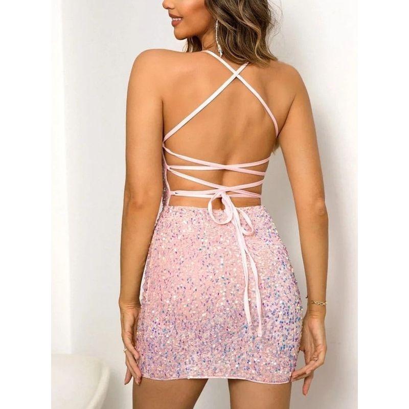 Sexy Sequined Halter Dress French style Sequins Sling Backless Slim fit Sheath Dress Short dress