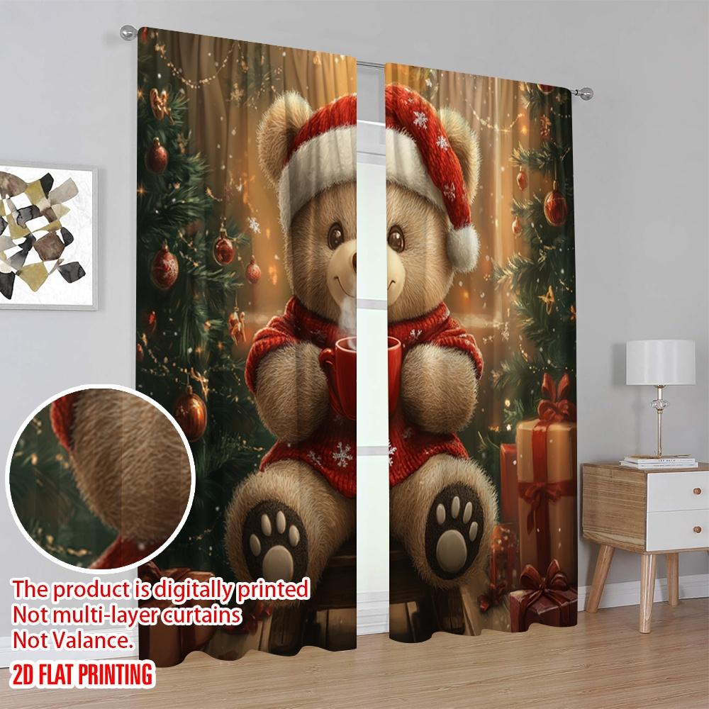 2pcs  2D plane printing Pattern Curtains Christmas bear  chocolate gift (3) Versatile Durable Polyester (without rod) Home