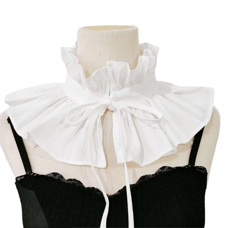 

Elegant Ruffled Detachable False Collar Victorian Vintage Neck Ruff with Ribbon Ties Pleated Shawl Capelet for Women