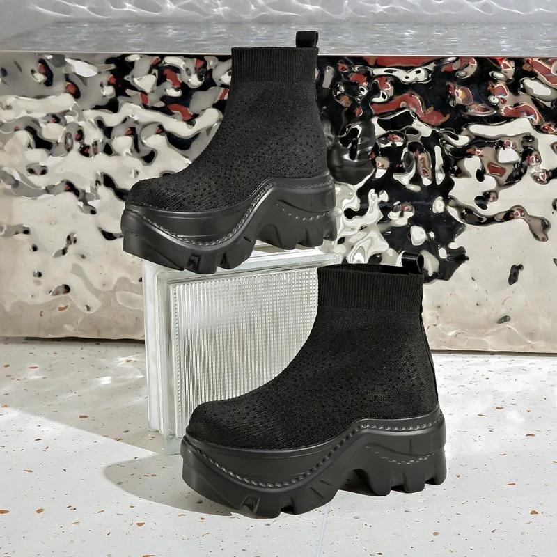 Fashion Platform Women Sock Ankle Boots High Heels Knitting Elegant Shoes Woman 2025 Trend Fashion Cozy Dress Ankle Boots Mujer Botas