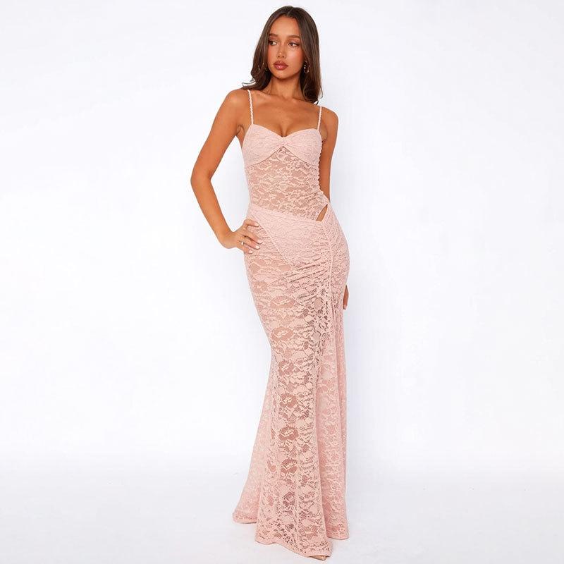 2026 spring and summer new foreign trade European and American style temperament elegant suspender lace sexy hollow slim dress women s clothing S розовый