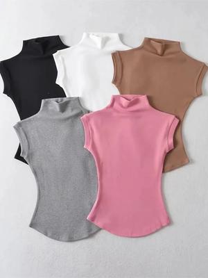 Women Summer Sexy Half Turtleneck Sleeveless T-Shirts Tops Solid Slim Fit Pullovers Causal Tees Shirts Female Streetwear Basics Tees