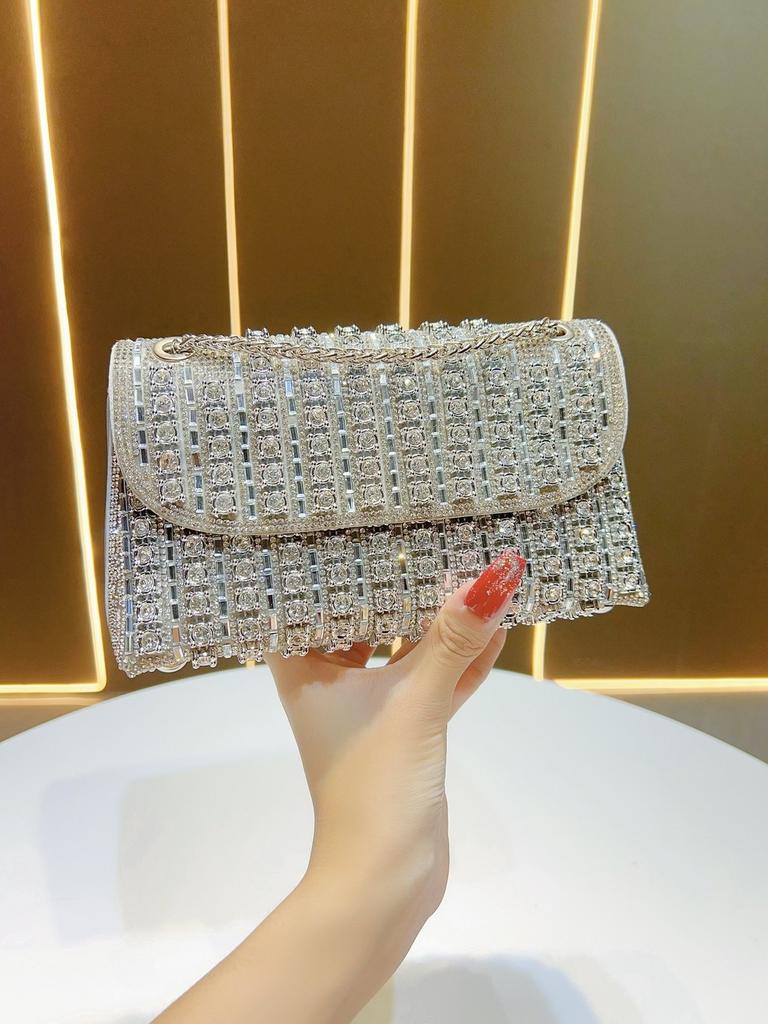 Sophisticated Rhinestone Square Purse With Magnetic Closure And Chain For Party Use