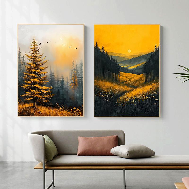 Retro Warm Forest Valley Sunset Natural Wilderness Landscape Art Poster Canvas Prints Mural Living Room Bedroom Home Decoration