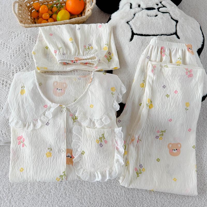 Cloud Cotton Pajamas Women'S Summer Short-Sleeved Thin Cute Cartoon Loungewear Doll Collar Three-Piece Set