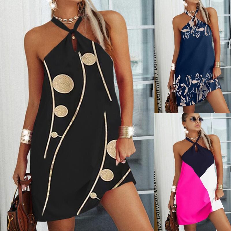 

Сексуальный Halter Шея Печать Мини Платье 2022 Лето Без Рукавов Повседневные Свободные Платья Плюс Размер