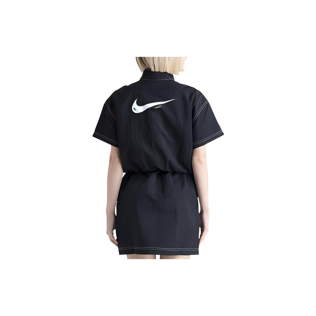 Nike Solid Color Logo Micro Mark Casual Stand Collar Short Sleeve Dress Women Dresses Black DM6197-010