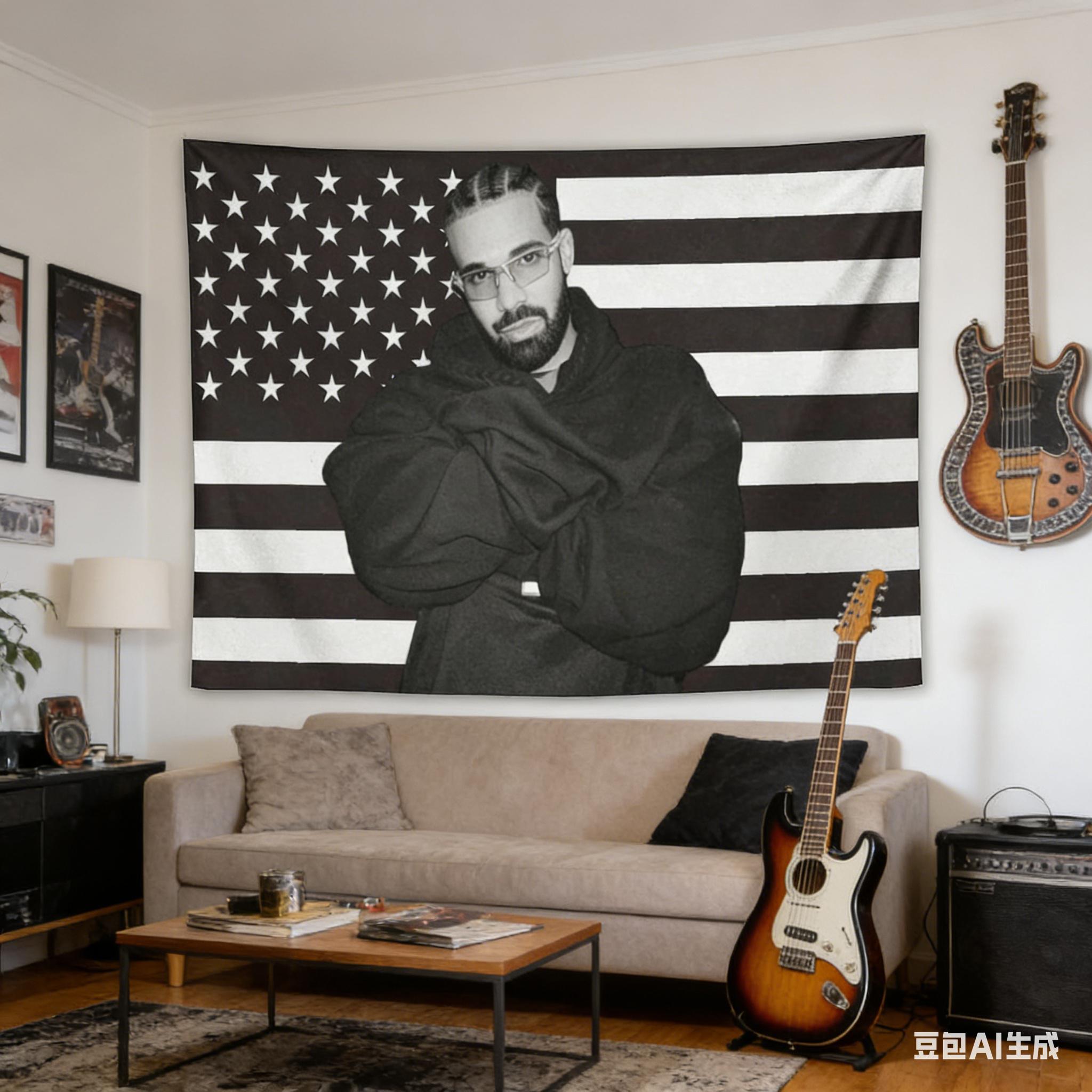 Jmg Household Supplies Unisex Black/White 1Pc Drake Hip Hop Fan Flag Tapestry, Polyester 2D Wall Decor, American Flag Art, Bedroom Living Room Dorm Wall Hangi