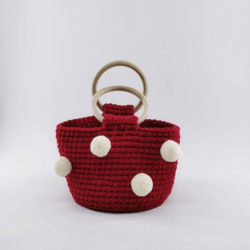 Yarn Knitting Pompom Bucket Handbag - Trendy Crochet Finished Women's Portable Bag