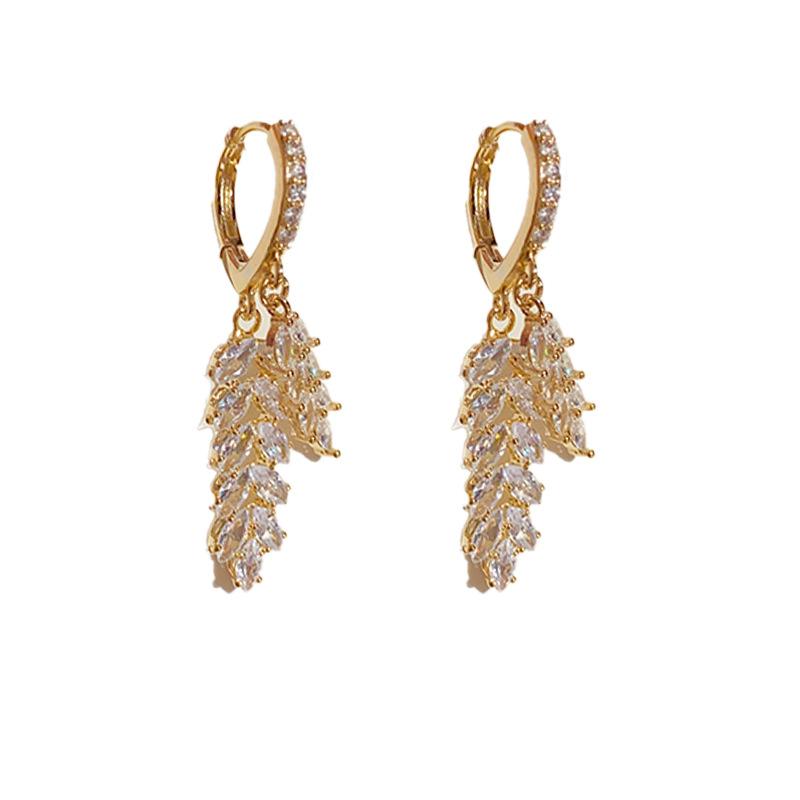 Korean Style Light Luxury Zircon Leaf Earrings High-end Niche Design Versatile Tassel Earrings Fashionable Earrings