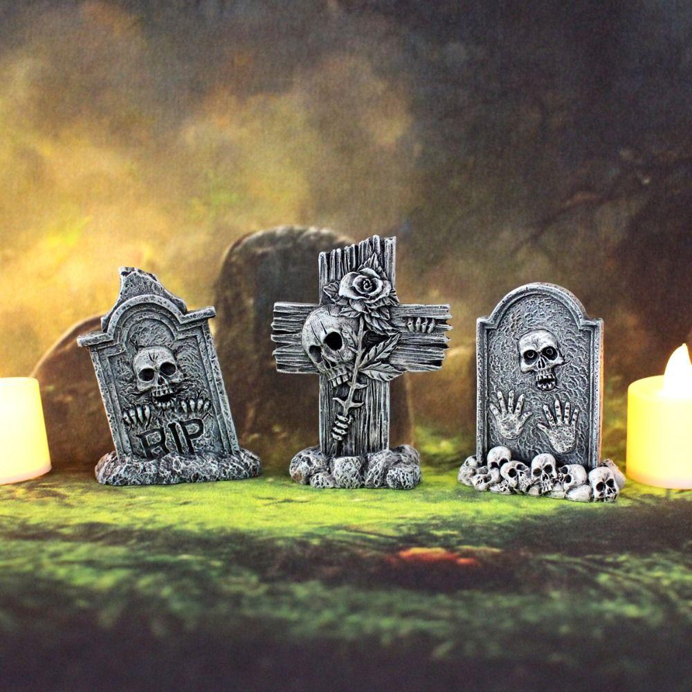 3pcs Skull Cross Halloween  Tombstones Figurine Resin Crafts Tombstone Statues  Party Layout