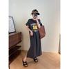 Large Size Women's Short-sleeved T-shirt Skirt Women's Summer Medium and Long Knee-length Dress Loose Age-reducing Pure Cotton Split-ended Long Dress