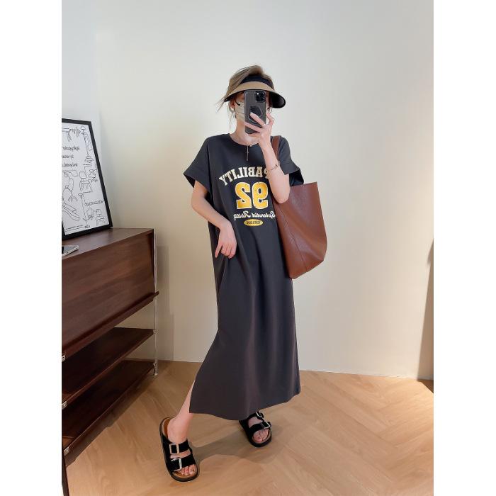 Large Size Women's Short-sleeved T-shirt Skirt Women's Summer Medium and Long Knee-length Dress Loose Age-reducing Pure Cotton Split-ended Long Dress