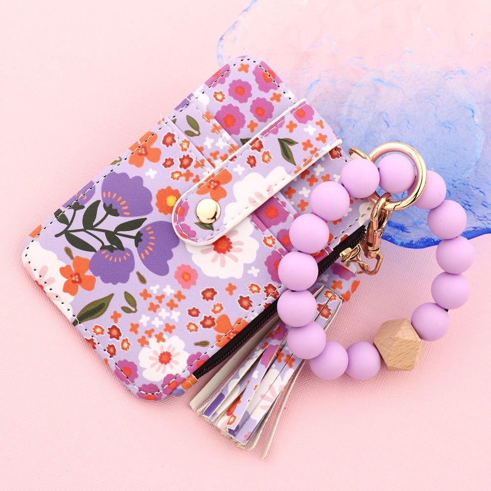 Pu Leather Silicone Bead Bracelet Keychain Boho Style Leather Card Bag Keychain  Fashion Wear