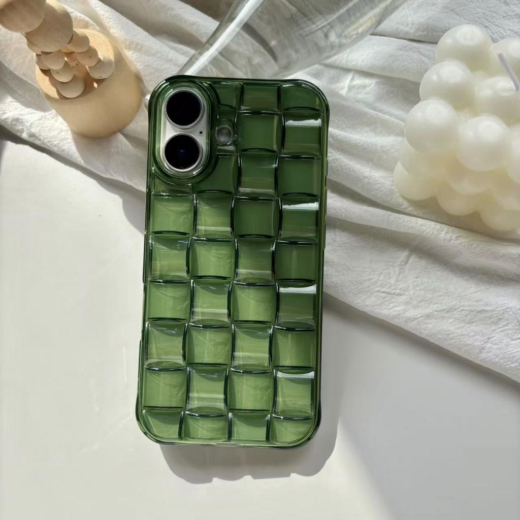 Stereoscopic Green Woven Plaid Convexity Soft Transparent Cube Pattern Cover Phone Case for IPhone 11 12 13 14 15 16 17 Pro Max