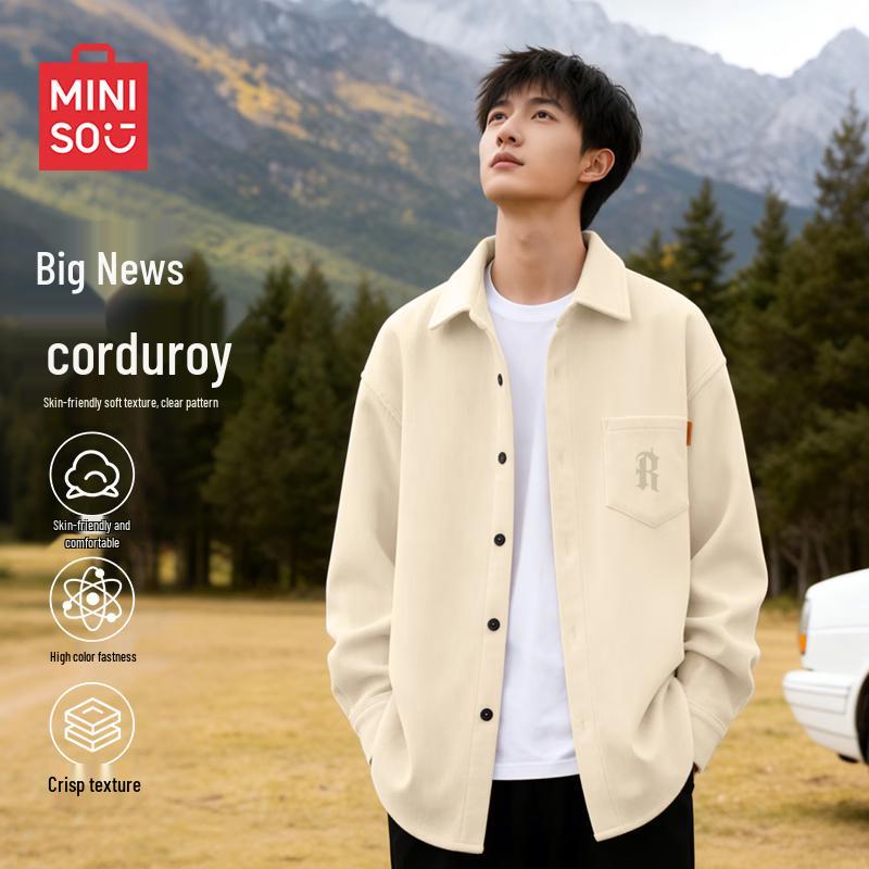 MINISO Men s American Retro Corduroy Cuban Collar Long-Sleeve Shirt XL