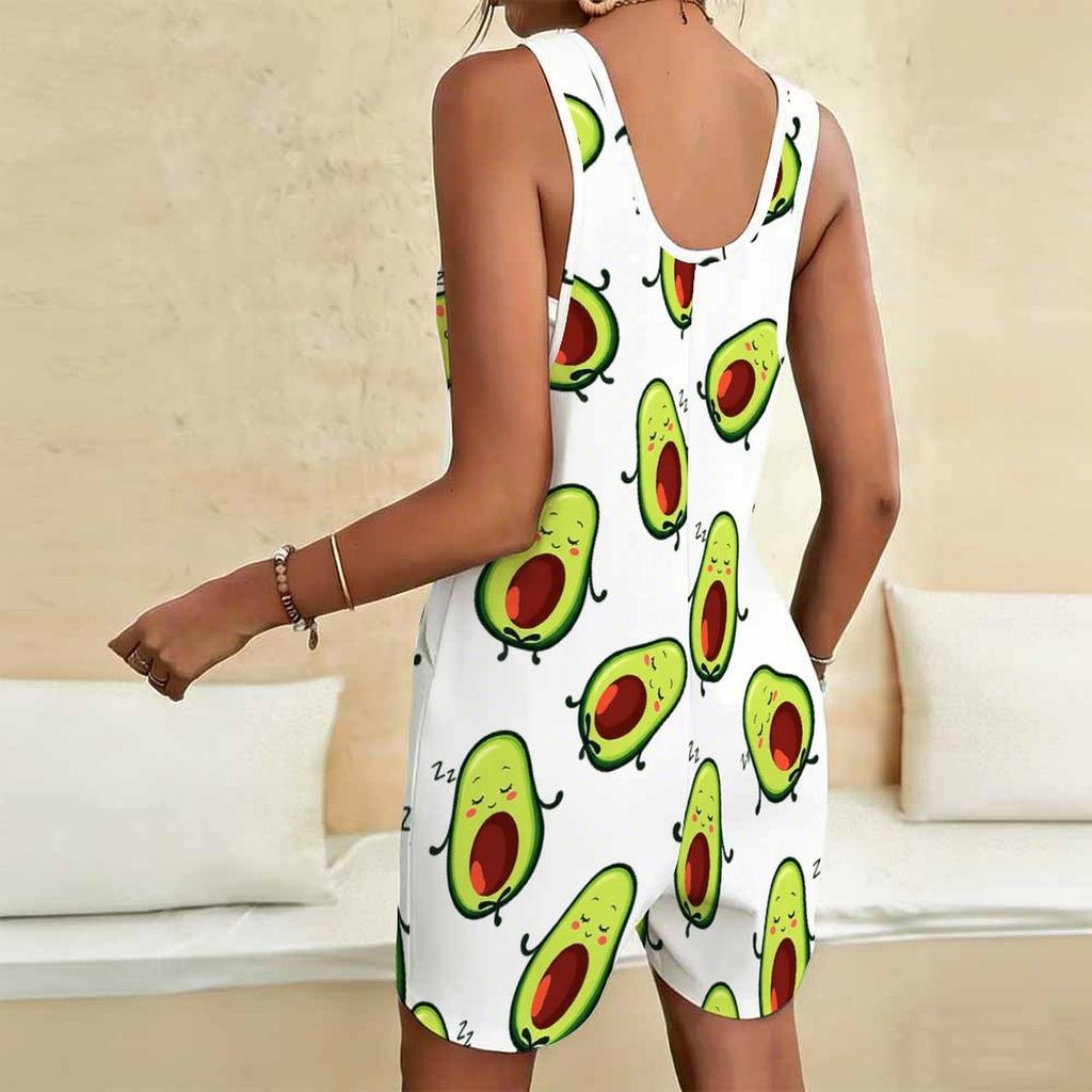 Women Plus Size Scoop Neck Sleeveless Cartoon Bruh Printed Loose Short Romper With Patch Pockets