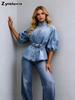 Camisa de Mezclilla Nine Patch Oversize con Manga de Linterna para Mujer - Estilo Vintage
