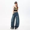 Spring Summer Vintage Blue Heavy Patchwork Tencel Lyocell Casual Silhouette Saber Cut Denim Pants For Ladies Casual Pants Oversize Denim Trousers