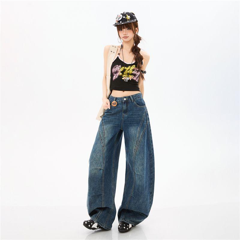Spring Summer Vintage Blue Heavy Patchwork Tencel Lyocell Casual Silhouette Saber Cut Denim Pants For Ladies Casual Pants Oversize Denim Trousers