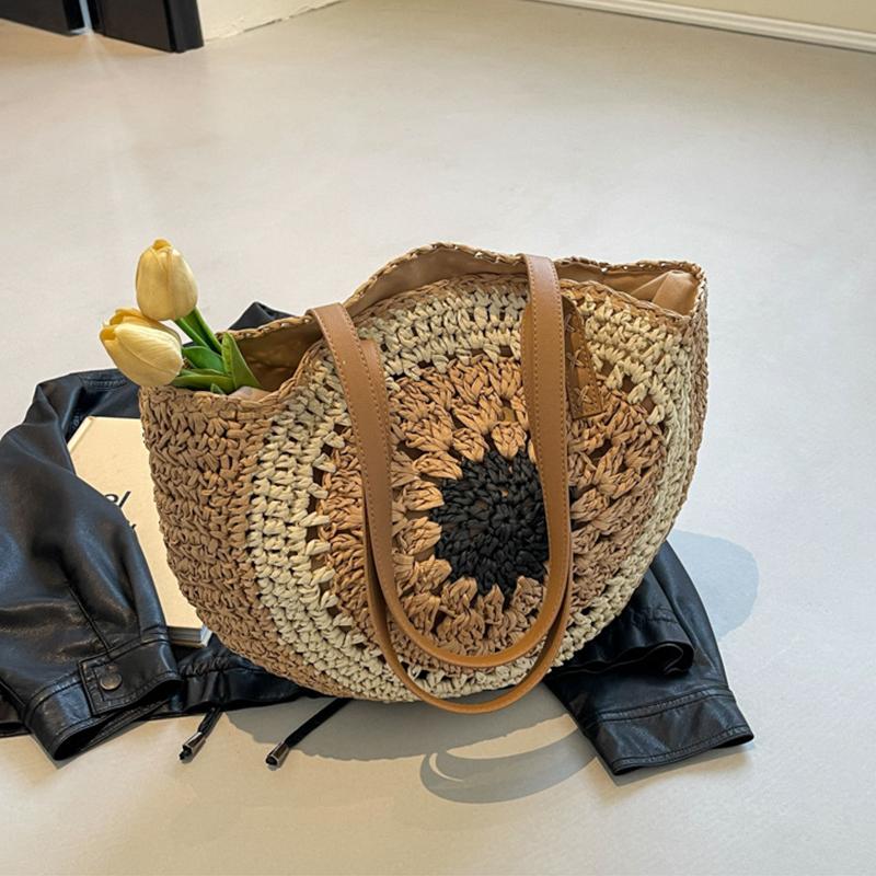 Large Capacity Round Women Fashion Straw Woven Shoulder Bag with Zipper Handmade Summer Beach Travel Holiday Women Tote Bags