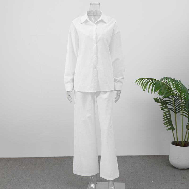 Bavlněná lněná dámská kalhotová souprava ležérní volná jednobarevná knoflíková košile kalhoty outfit léto dámský denní šik volné kalhoty oblek nový