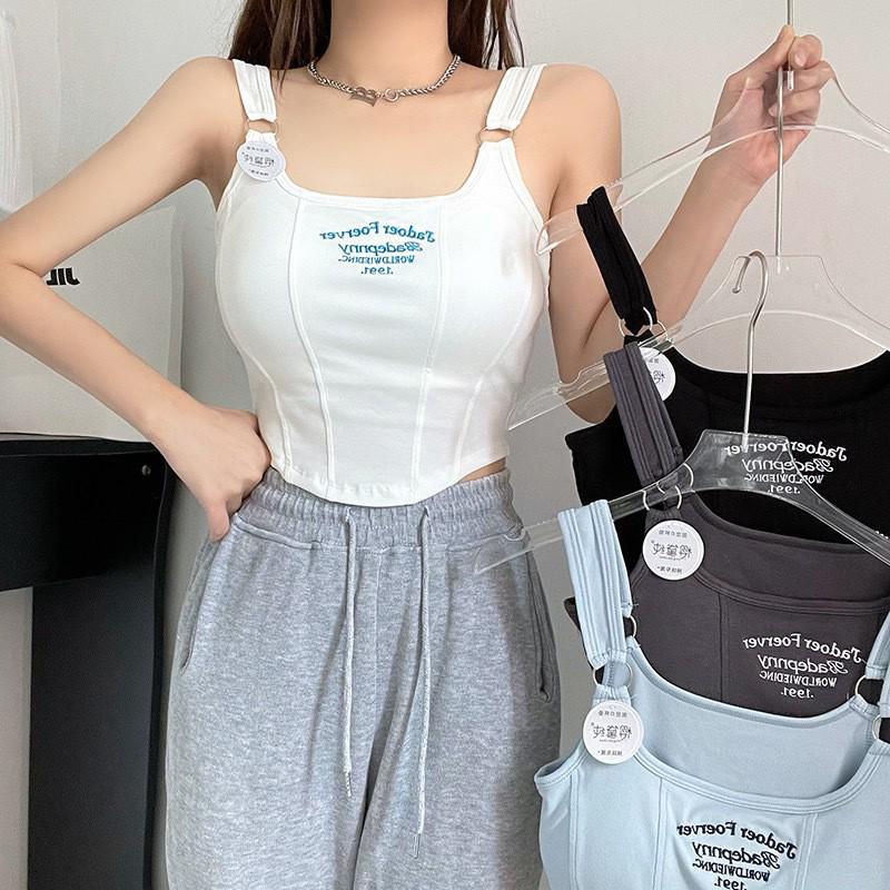 Spicy Girl American Letter Print Spaghetti Strap Racerback Tank Top with Chest Pads for Women