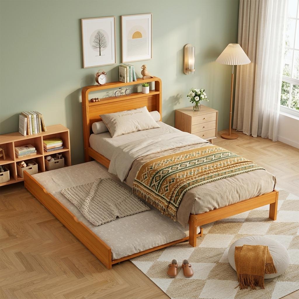 Letto in Legno 90x200 cm con Letto Estraibile 90x190 cm, Letto Funzionale con Letto Ospite Montabile a Sinistra/Destra, Testiera Arrotondata e Design Salvaspazio
