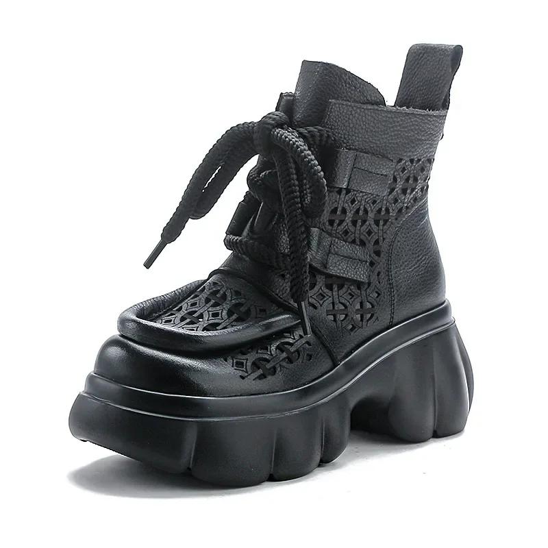 

Мода 2024 года, новые сандалии из натуральной кожи высотой 6 см, ботильоны, мокасины с полым верхом, модные летние мотоциклетные сапоги из натуральной кожи, женская обувь 35 чёрный