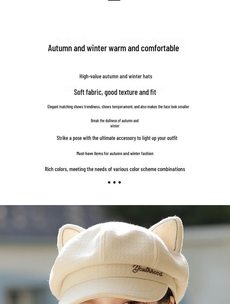 Retro Korean-Style Women's Beret: Octagonal Duckbill Hat with Cat Ears, Perfect for Autumn/Winter and Large Head Circumference