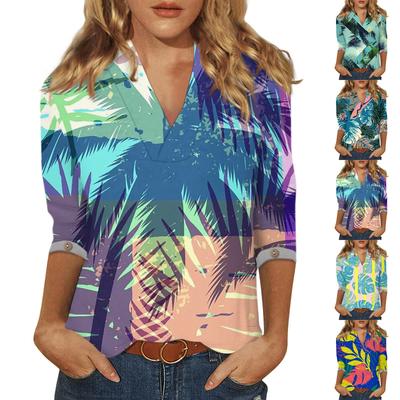 Damenmode Lässig Dreiviertelarm Bedruckt Chinesischer Stehkragen V-Ausschnitt Pullover 4/3 Arm Oberteil Unregelmäßiger Saum Oberteil