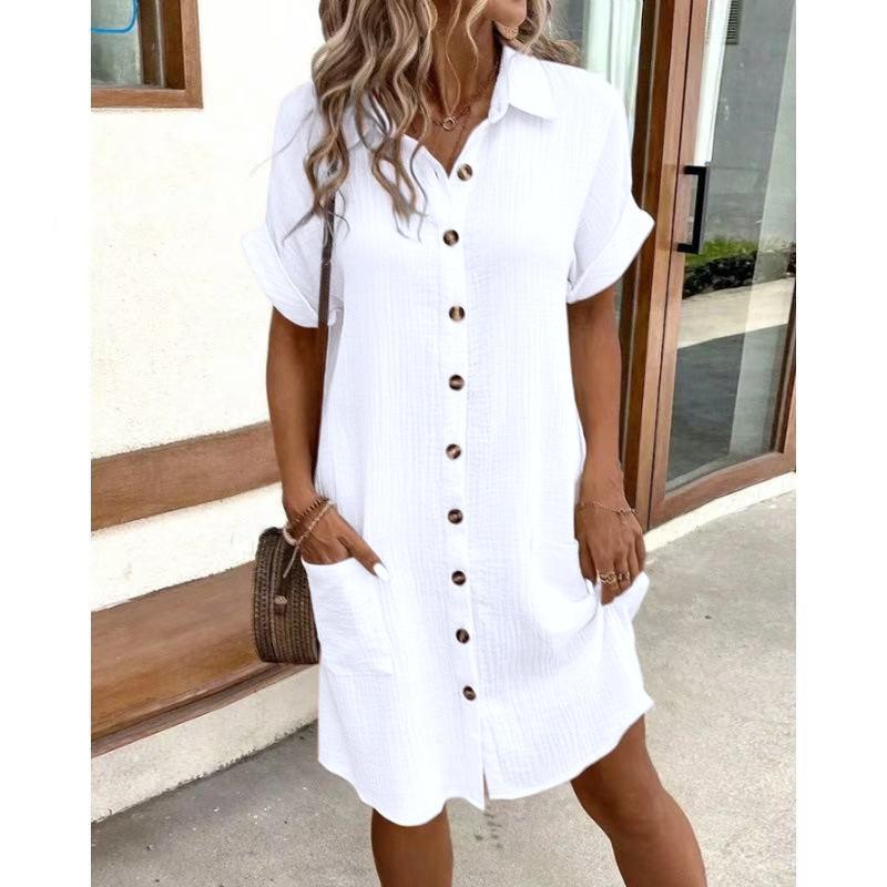 Women's Summer Cotton Shirt Dress Short Sleeves Button Down Knee Length Dresses Casual Loose Mini Dress with Pockets