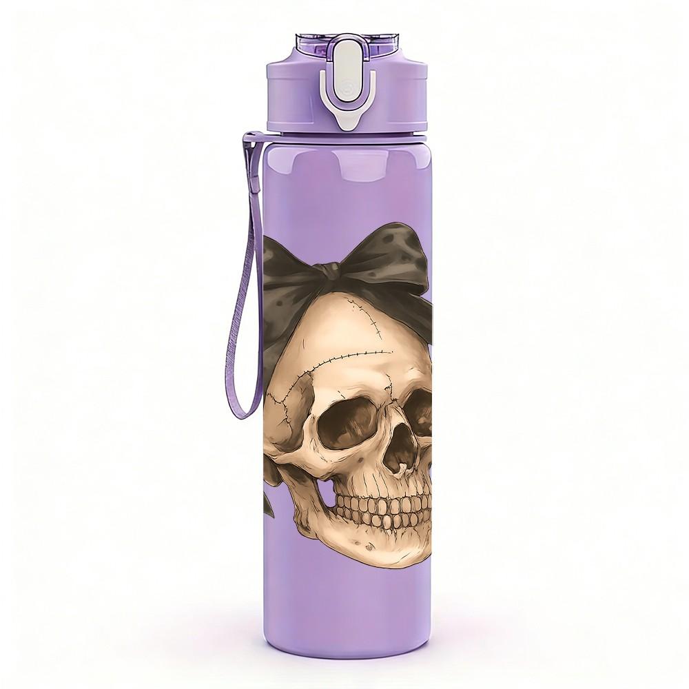 1PC Bow Decor Vintage Skull 750ml Color Plastic Sports Water Bottle Leakproof Flip Straw Lid Suitable for Sports Office Home Use