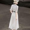 Elegant Striped Cinch-Waist Shirt Dress