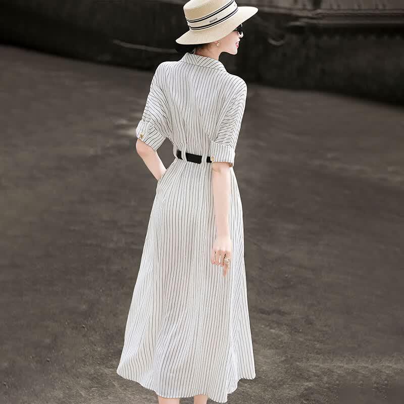 Elegant Striped Cinch-Waist Shirt Dress