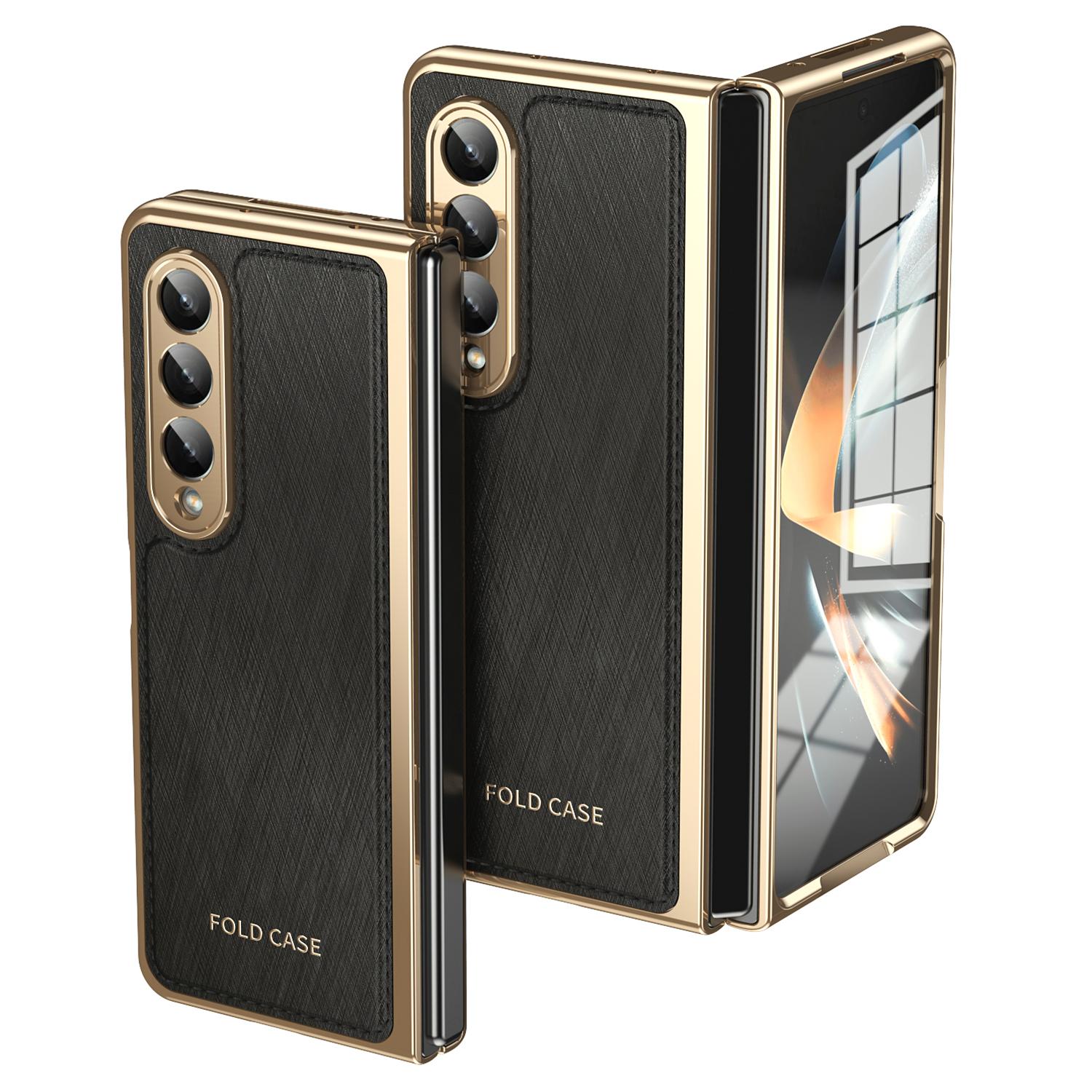 

For Samsung Galaxy Z Fold4 5G Case PU Leather Coated PC Electroplated Phone Cover Built In Screen Protector Black