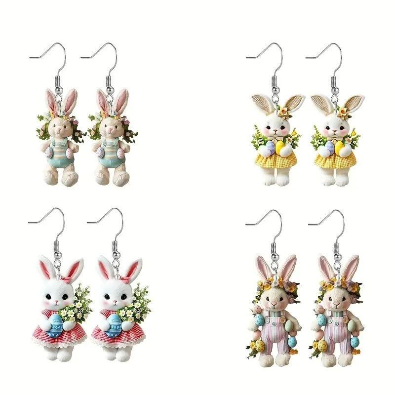 2D Cartoon Flat Flower Rabbit Earrings Cartoon Cute Animal Rabbit Pendant Earrings Resurrection Festival Party Jewelry Accessori