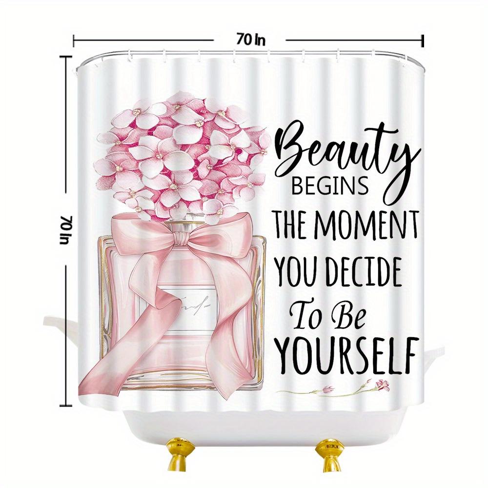 Modern Perfume Bottle Shower Curtain - Floral & Bow Pattern, Minimalist Style, Machine Washable Polyester
